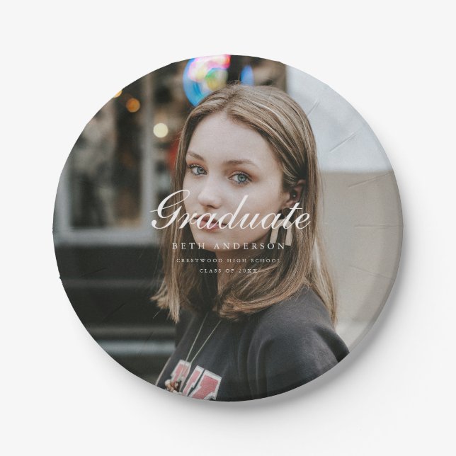 Classic Elegant Script Graduation Party Full Photo Paper Plates (Front)