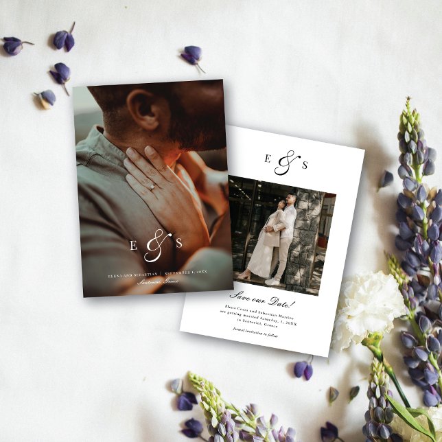 Classic Elegant Script Monogram Two Sided Photo Save The Date (Creator Uploaded)