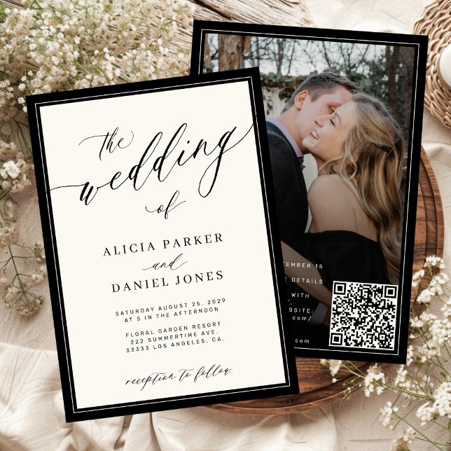 Classic elegant script QR code photo wedding Invitation (Creator Uploaded)
