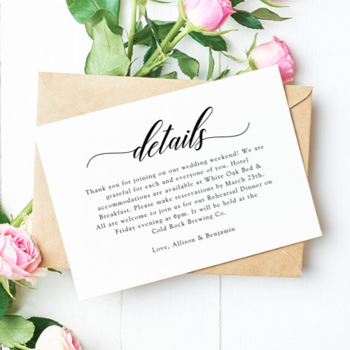 Classic Elegant Script Wedding Details Card
