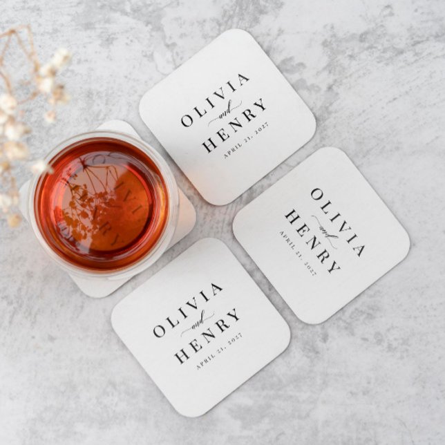 Classic Elegant Script Wedding Rehearsal Dinner Square Paper Coaster (Creator Uploaded)