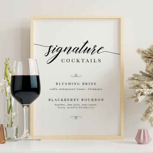 Classic Elegant Script Wedding Signature Cocktails Poster