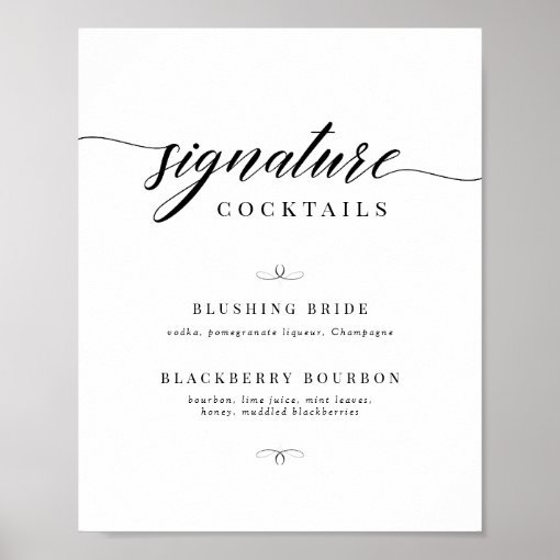 Classic Elegant Script Wedding Signature Cocktails Poster | Zazzle