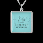 classic elegant silver and gold turquoise Necklace<br><div class="desc">The design shows an elegant minimalist necklace in black and turquoise. A beautiful unique "mrs" text in whimsical calligraphy at the top and a customizable surname and date at the bottom. The design is extremely unique and classic and will be an elegant item to give any bride or newlywed as...</div>