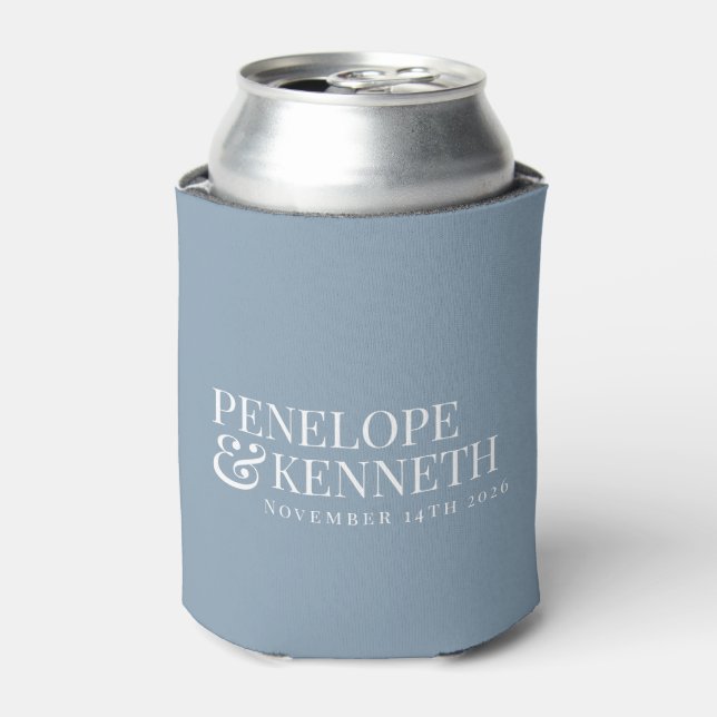 Classic Elegant Simple Custom Wedding Dusty Blue Can Cooler (Can Front)