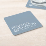 Classic Elegant Simple Custom Wedding Dusty Blue Square Paper Coaster<br><div class="desc">Classic Elegant Typography Custom Wedding Names Paper Coaster with White Text on a Dusty Blue Background</div>