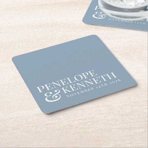 Classic Elegant Simple Custom Wedding Dusty Blue Square Paper Coaster