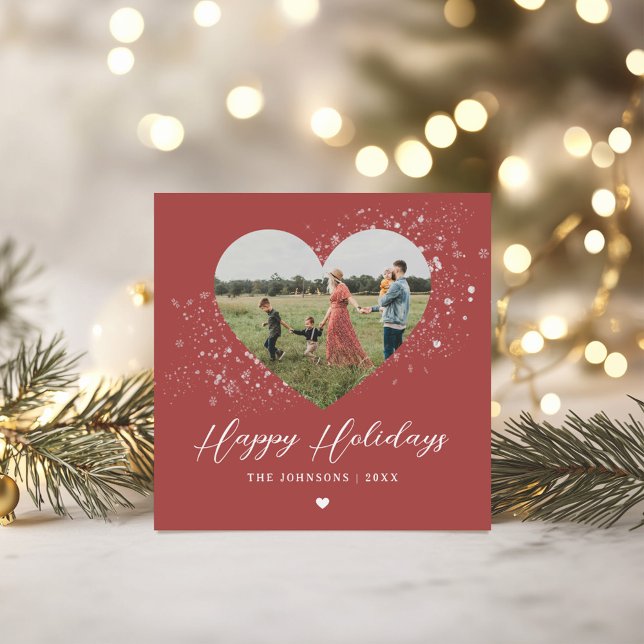 Classic Elegant Snowflake Flurries Heart Photo Holiday Card (Creator Uploaded)