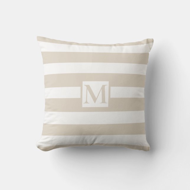 Classic elegant tan beige white strips monogram throw pillow (Front)