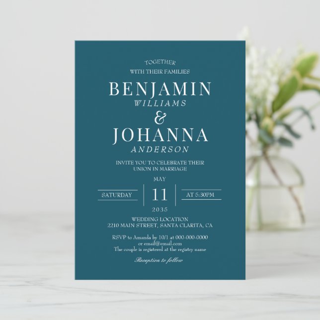 Classic Elegant Teal Wedding Invitation (Standing Front)