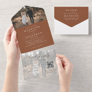 Classic Elegant Terracotta 2 Photo QR Code Wedding All In One Invitation