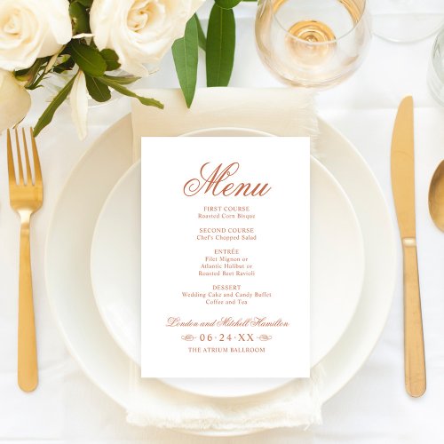 Classic Elegant Terracotta Orange Wedding Monogram Menu