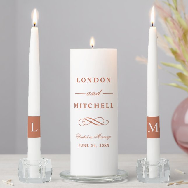 Classic Elegant Terracotta Orange Wedding Monogram Unity Candle Set (In Situ)