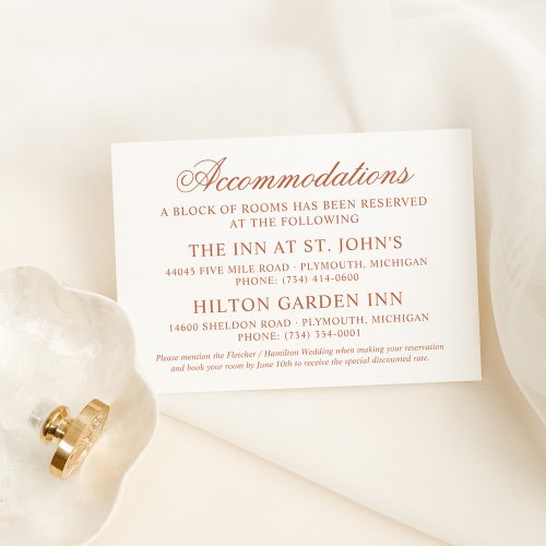 Classic Elegant Terracotta Wedding Accommodations Enclosure Card