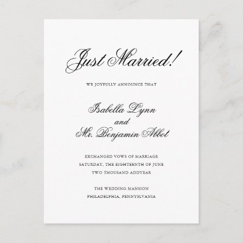 Classic Elegant Traditional Just Married Wedding Announcement Postcard