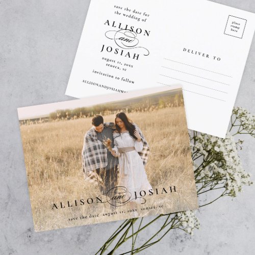 Classic Elegant Typography Names Photo Wedding Sav Announcement Postcard