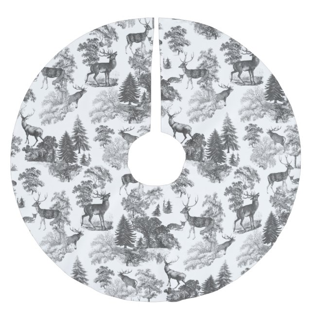 Classic Elegant Vintage Black White Deer Woodland Brushed Polyester Tree Skirt (Front)