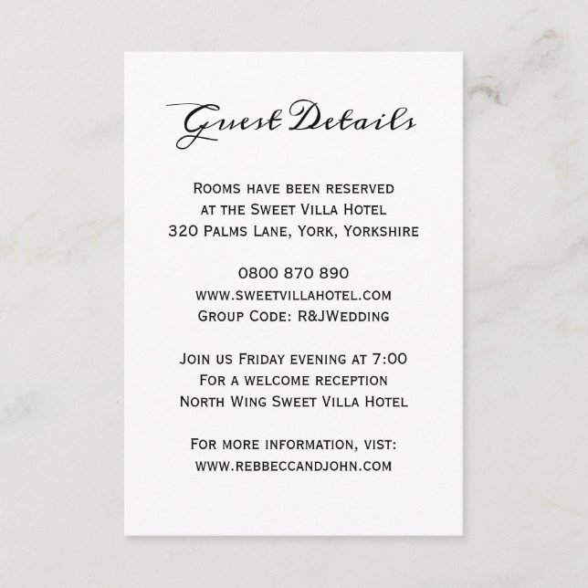 Classic Elegant Wedding Guest Hotel Details Card (Front)