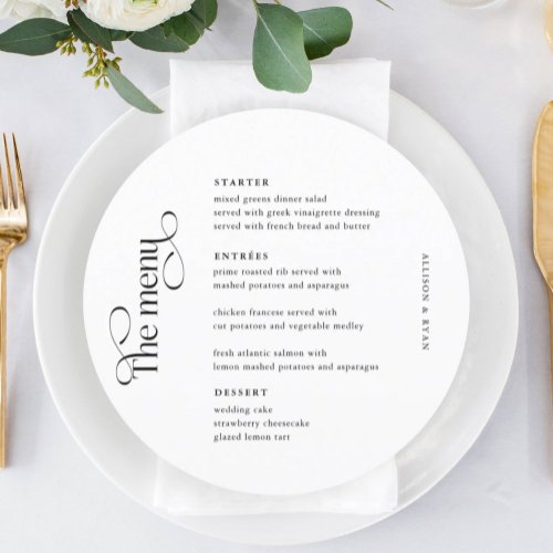 Classic Elegant Wedding Table Round Menu Cards