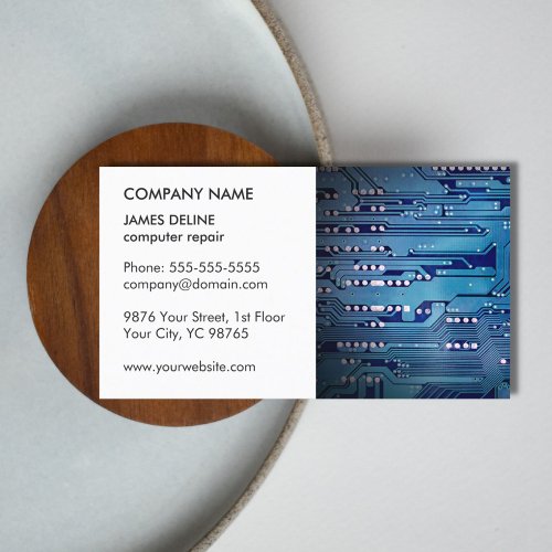 Classic Elegant White Blue Circuit Computer Repair Business Card