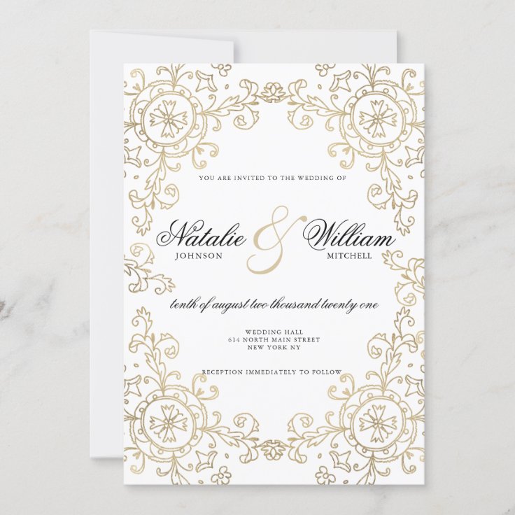 Classic elegant white gold floral ornament wedding invitation | Zazzle