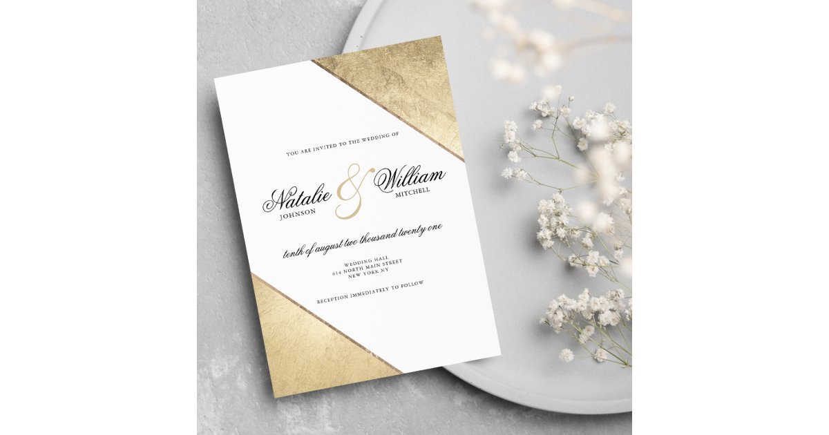 Classic elegant white gold geometric wedding invitation | Zazzle