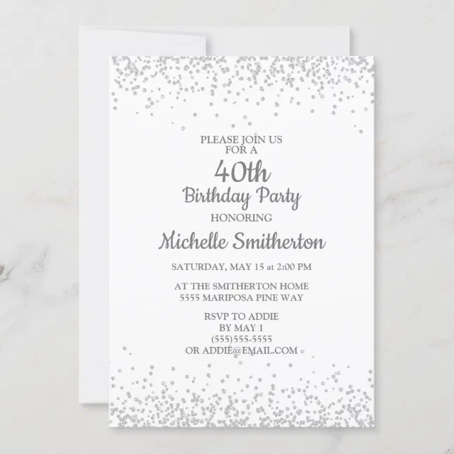 Classic Elegant White Silver Glitter 40th Birthday Invitation | Zazzle