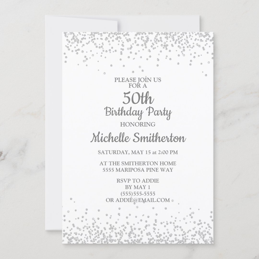 Classic Elegant White Silver Glitter 50th Birthday Invitation | Zazzle