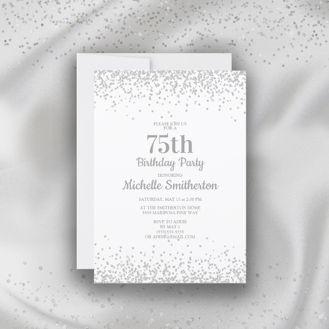 Classic Elegant White Silver Glitter 75th Birthday Invitation