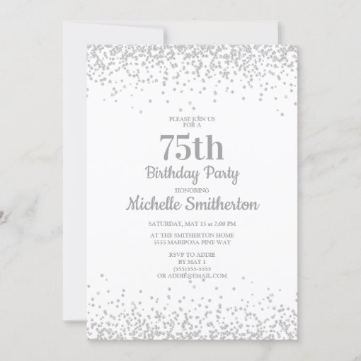 Classic Elegant White Silver Glitter 75th Birthday Invitation | Zazzle