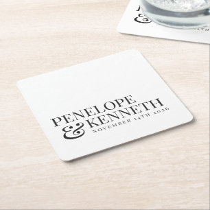 Classic Elegant White Simple Custom Wedding Names Square Paper Coaster