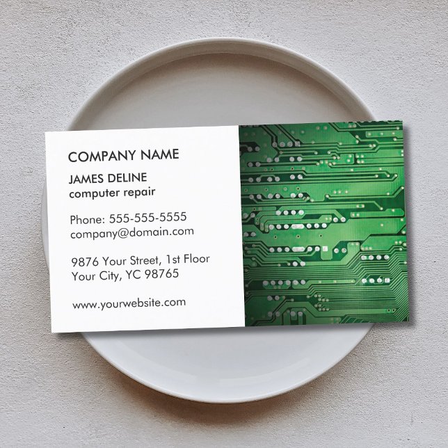 Classic Elegant WhiteGreen Circuit Computer Repair Business Card (Creator Uploaded)