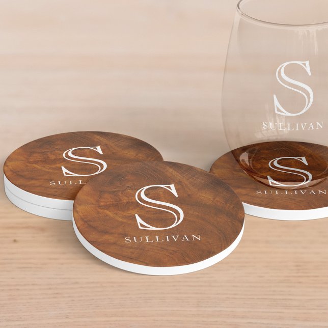 Classic Elegant Wood Grain Monogram Name Coaster (Creator Uploaded)
