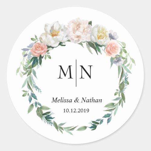 Classic Elegant Wreath Wedding Monogram Stickers