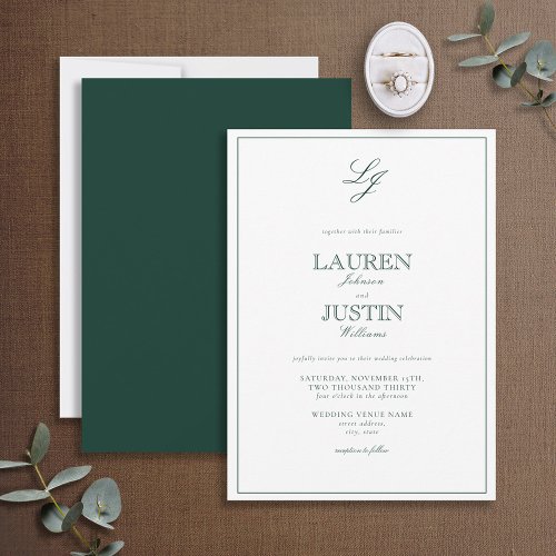 Classic Emerald Green Calligraphy Monogram Wedding Invitation