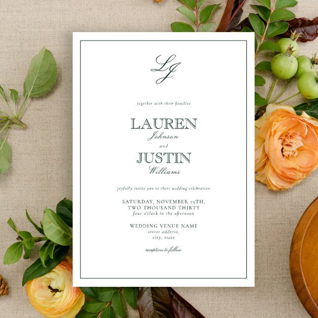 Classic Emerald Green Calligraphy Monogram Wedding Invitation (Creator Uploaded)