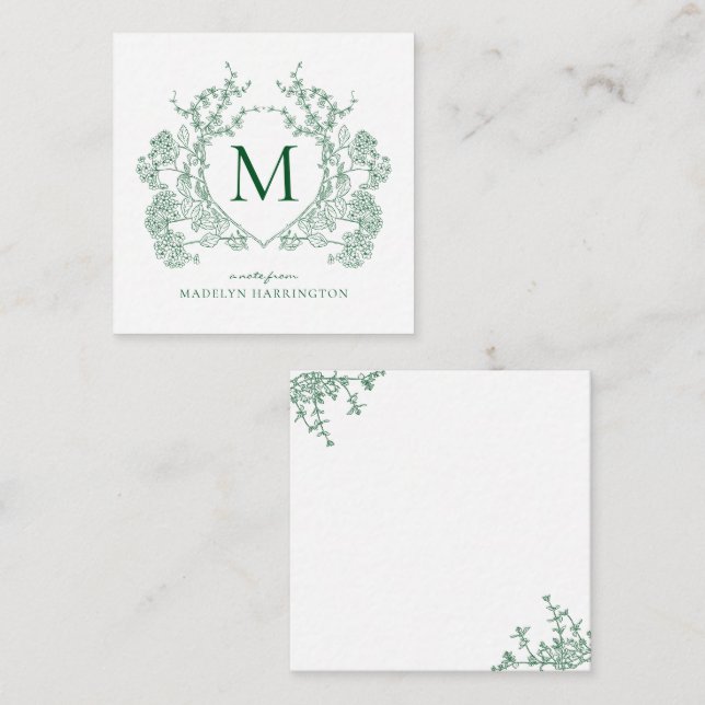 Classic Emerald Green Floral Crest Monogram Note Card (Front/Back)