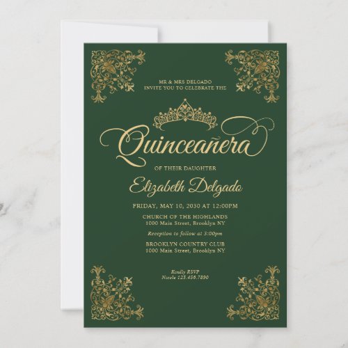 Classic Emerald Green Gold Frame Tiara Quinceanera Invitation