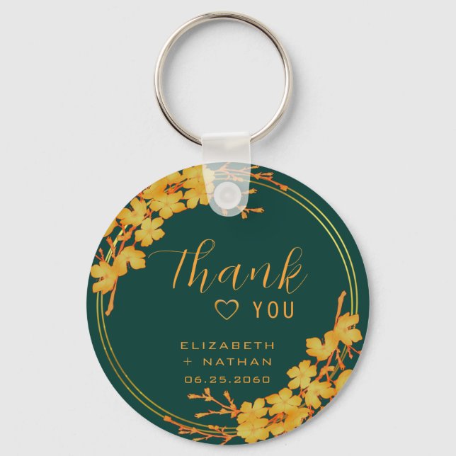 Classic Emerald Green & Gold Wedding Thank You Keychain (Front)