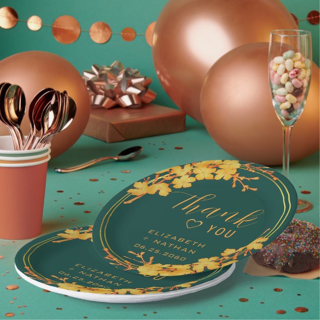 Classic Emerald Green & Gold Wedding Thank You Paper Plates (Multi)