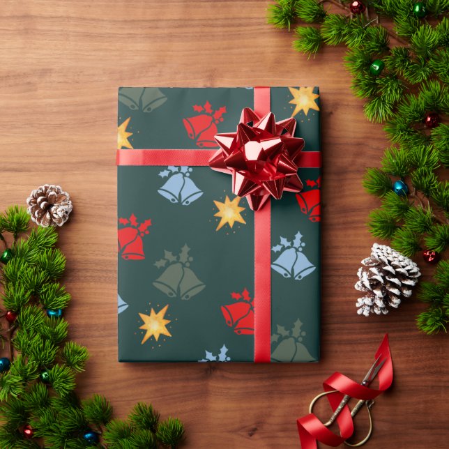 Classic Emerald Green Jingle Bell Star Christmas Wrapping Paper (Holiday Gift)