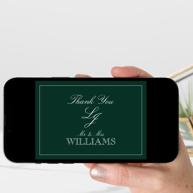 Classic Emerald Green Monogram Photo Thank You Card (Front Digital)