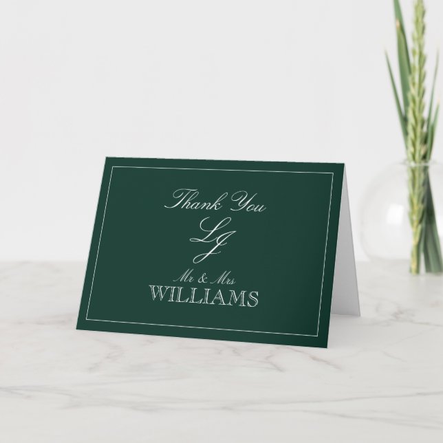 Classic Emerald Green Monogram Photo Thank You Card (Front)