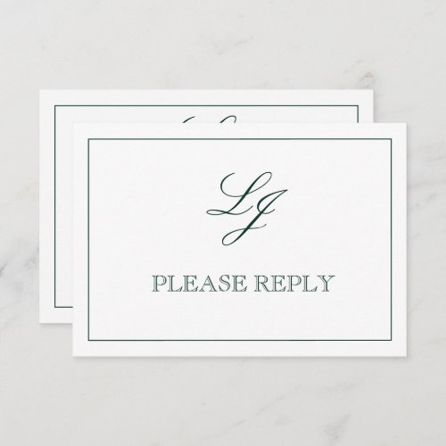 Classic Emerald Green Script Monogram No Meals RSVP Card