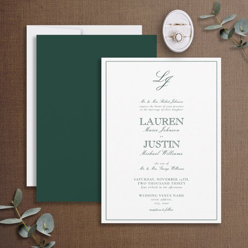 Classic Emerald Green Script Monogram Wedding Invitation