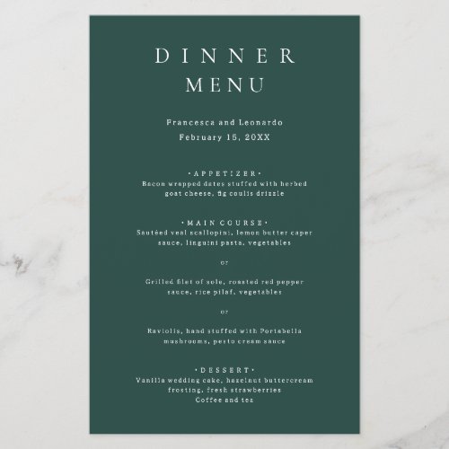 Classic Emerald Green Simple Wedding Menu Flyer