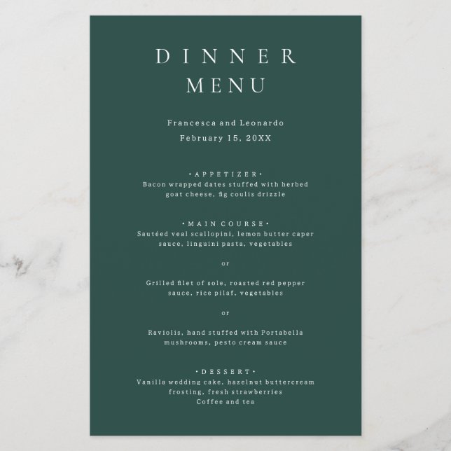 Classic Emerald Green Simple Wedding Menu Flyer (Front)