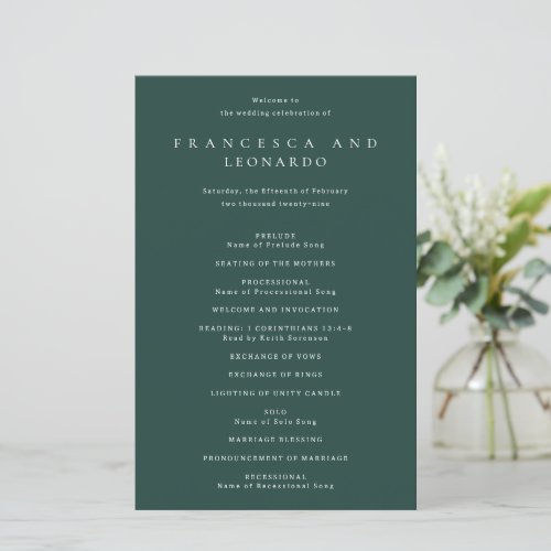 Classic Emerald Green Simple Wedding Program