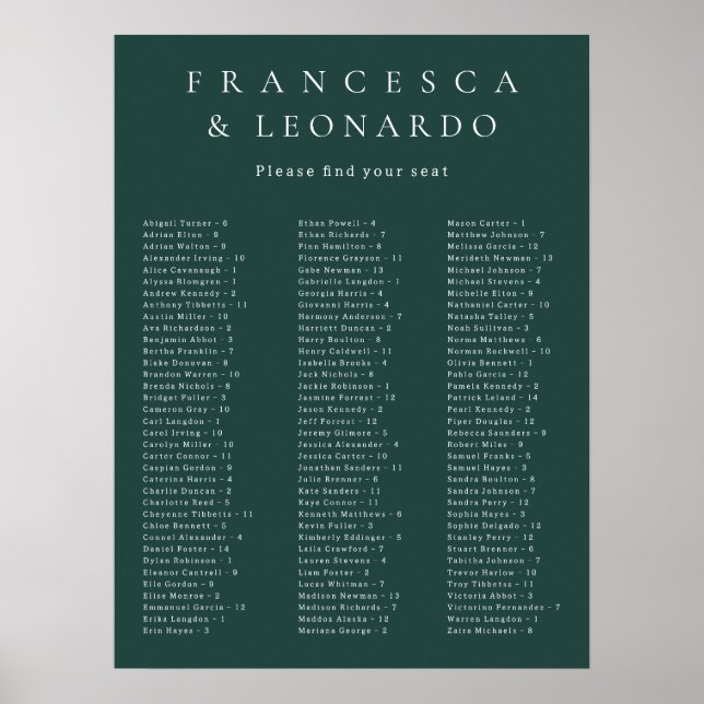 Classic Emerald Green Simple Wedding Seating Chart (Front)