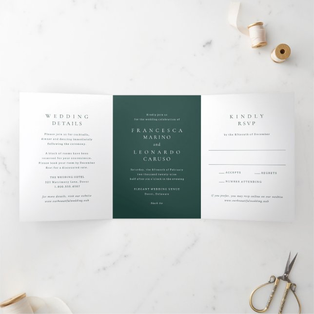 Classic Emerald Green Simple Wedding Tri-Fold Invitation (Inside)